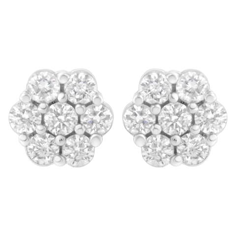14K White Gold 3/4 Cttw 7 Stone Floral Cluster Diamond Stud Earrings