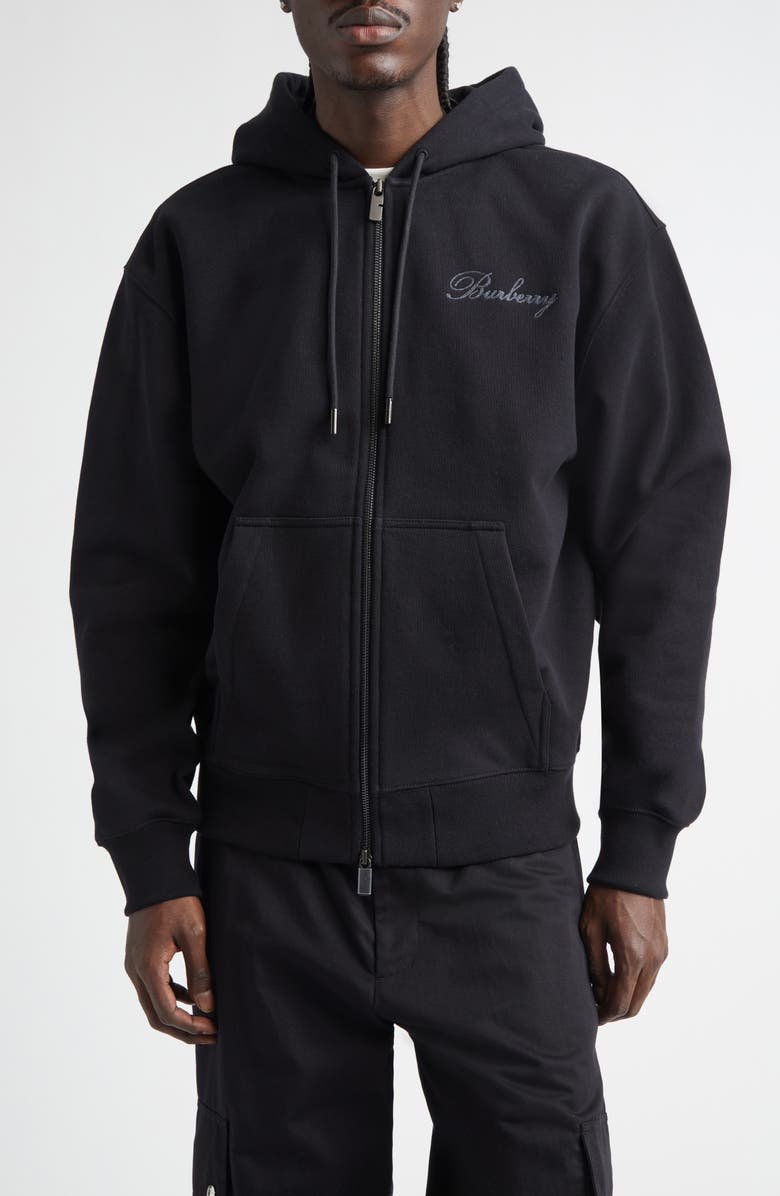 Burberry Rory Logo Embroidered Cotton French Terry Zip Hoodie, Main, color, Black