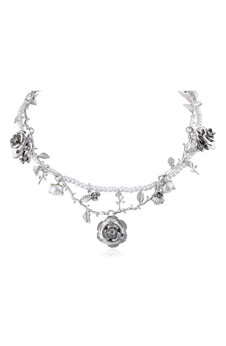 JARDIN Set of 2 Faux Pearl & Rose Vine Necklaces, Main, color, White/ Silver