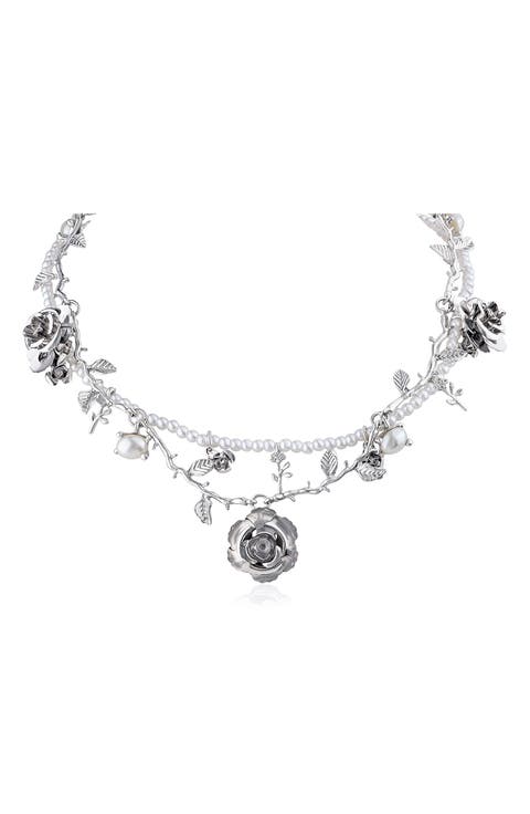 Set of 2 Faux Pearl & Rose Vine Necklaces