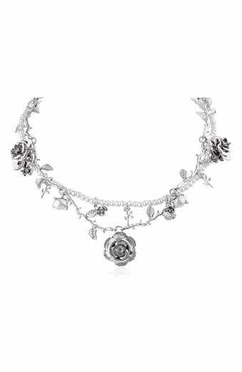 JARDIN Set of 2 Faux Pearl & Rose Vine Necklaces