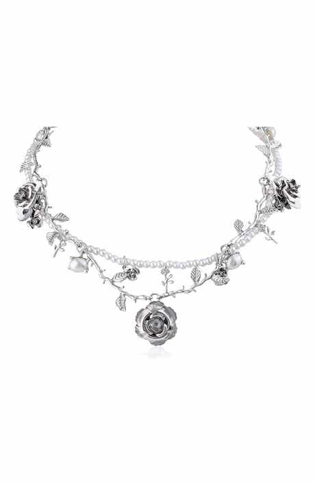 JARDIN Set of 2 Faux Pearl & Rose Vine Necklaces