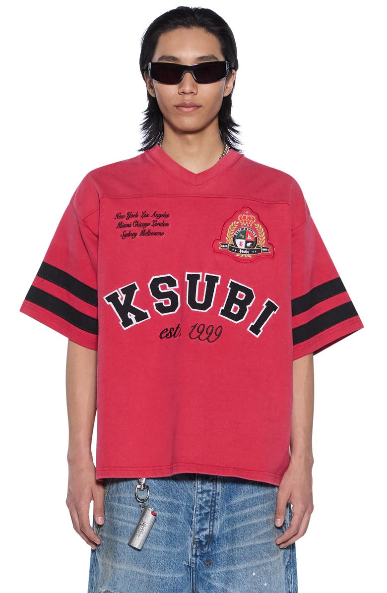 Ksubi Duke Embroidered Cotton Jersey V-Neck T-Shirt, Alternate, color, Red
