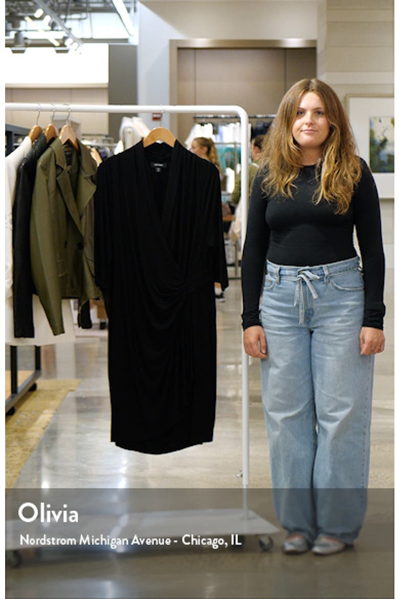 Three Quarter Sleeve Jersey Cascade Faux Wrap Dress video