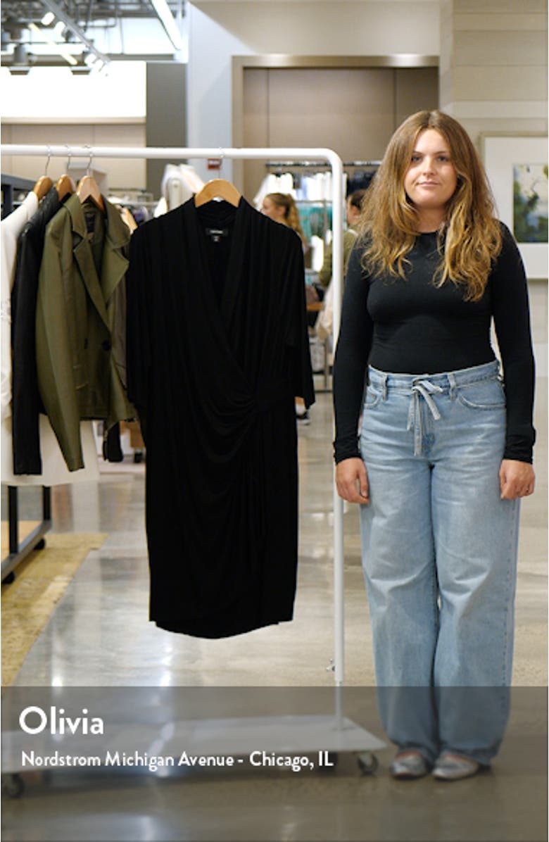 Three Quarter Sleeve Jersey Cascade Faux Wrap Dress, sales video thumbnail