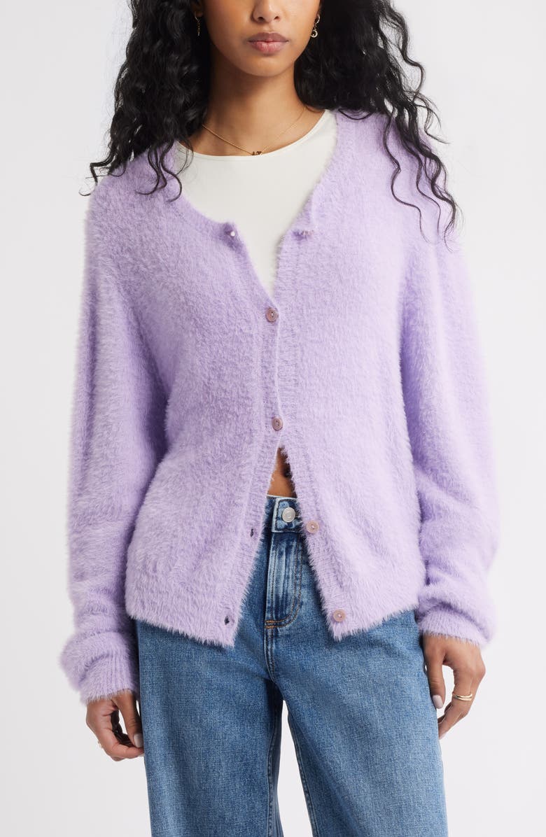 BP. Fuzzy Scoop Neck Cardigan, Alternate, color, Purple Feminine