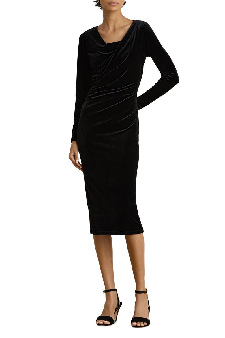 Draped Neck Long Sleeve Velvet Sheath Dress, Main, color, BLACK VELVET