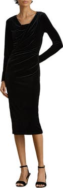 Lauren Ralph Lauren Draped Neck Long Sleeve Velvet Sheath Dress
