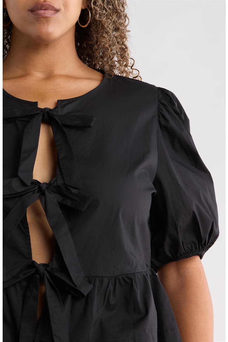 Tie Front Puff Sleeve Peplum Top, Alternate, color, BLACK