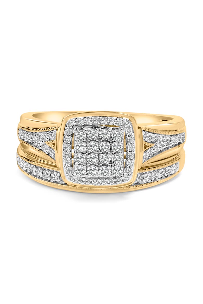 14K Yellow Gold Plated Sterling Silver 1/2 Cttw Diamond Square Cluster Bridal Set, Main, color, Yellow Gold over Silver