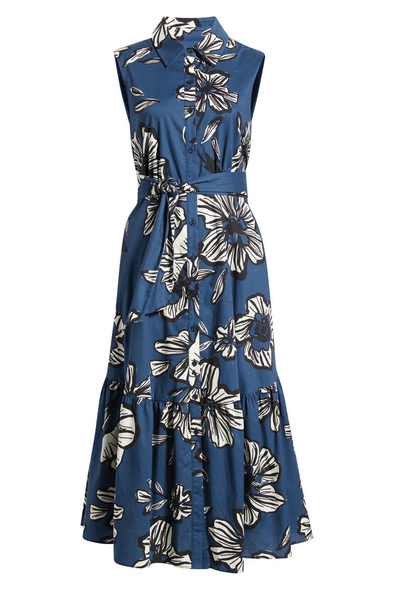 Floral Tie Belt Cotton Midi Shirtdress, Alternate, color, NAVY