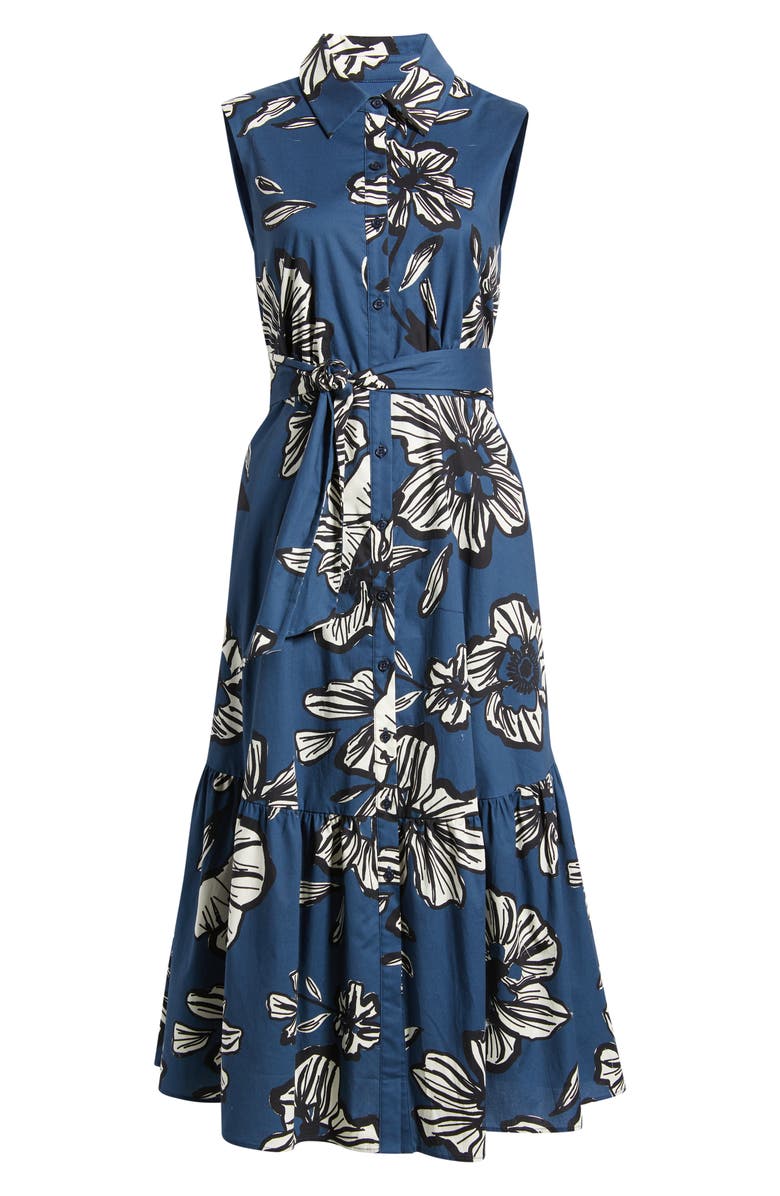 Sam Edelman Floral Tie Belt Cotton Midi Shirtdress, Alternate, color, Navy