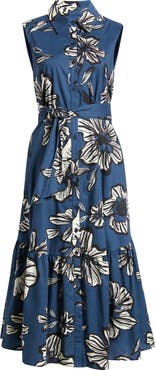 Sam Edelman Floral Tie Belt Cotton Midi Shirtdress