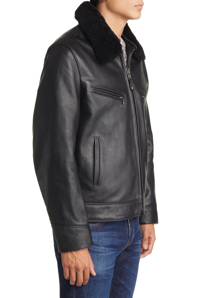 Leather Moto Jacket with Genuine Shearling Trim, Alternate, color, BLACK