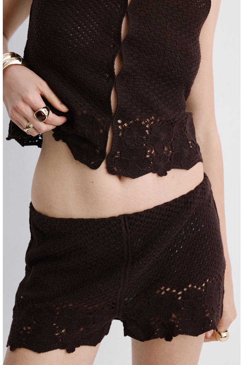 Crochet Mid Rise Mini Shorts, Alternate, color, BROWN