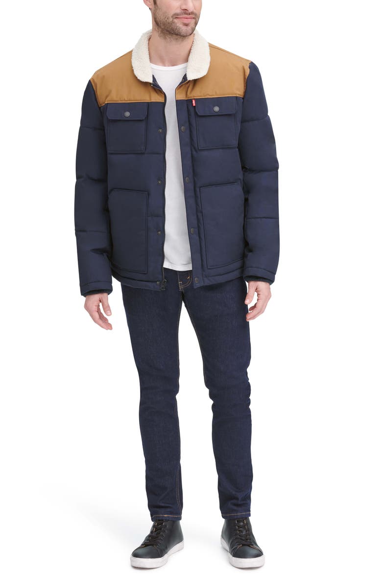 Woodsman High Pile Fleece Puffer Jacket, Alternate, color, NAVY WORKER BROWN YOKE