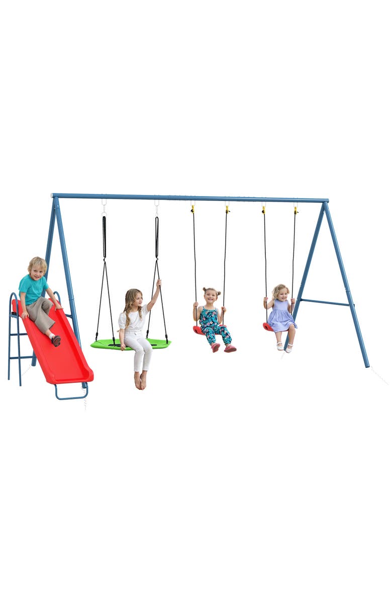 Outsunny 3-in-1 Metal Backyard Swing Set with Nest Swing, 2 Seats, 1 Slide A-Frame Heavy Duty 352 lbs Capacity, Main, color, 