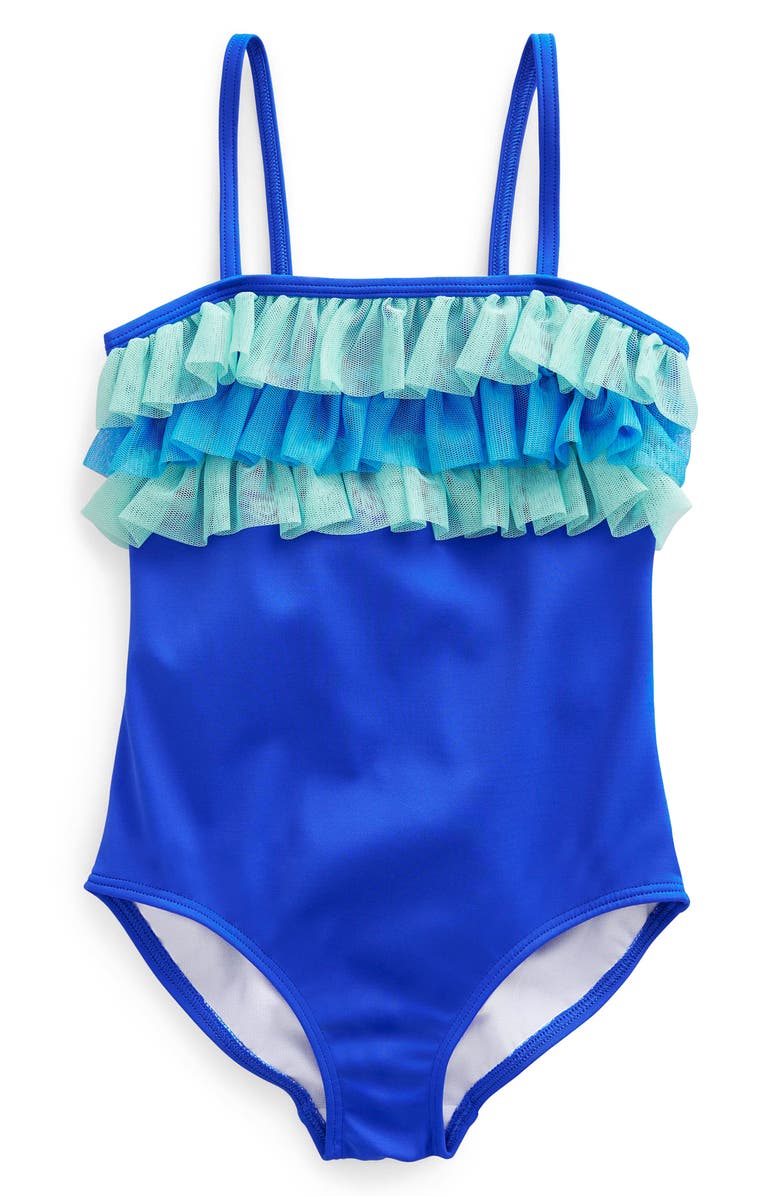 Mini Boden Kids' Tulle Ruffle One-Piece Swimsuit, Main, color, Cobalt