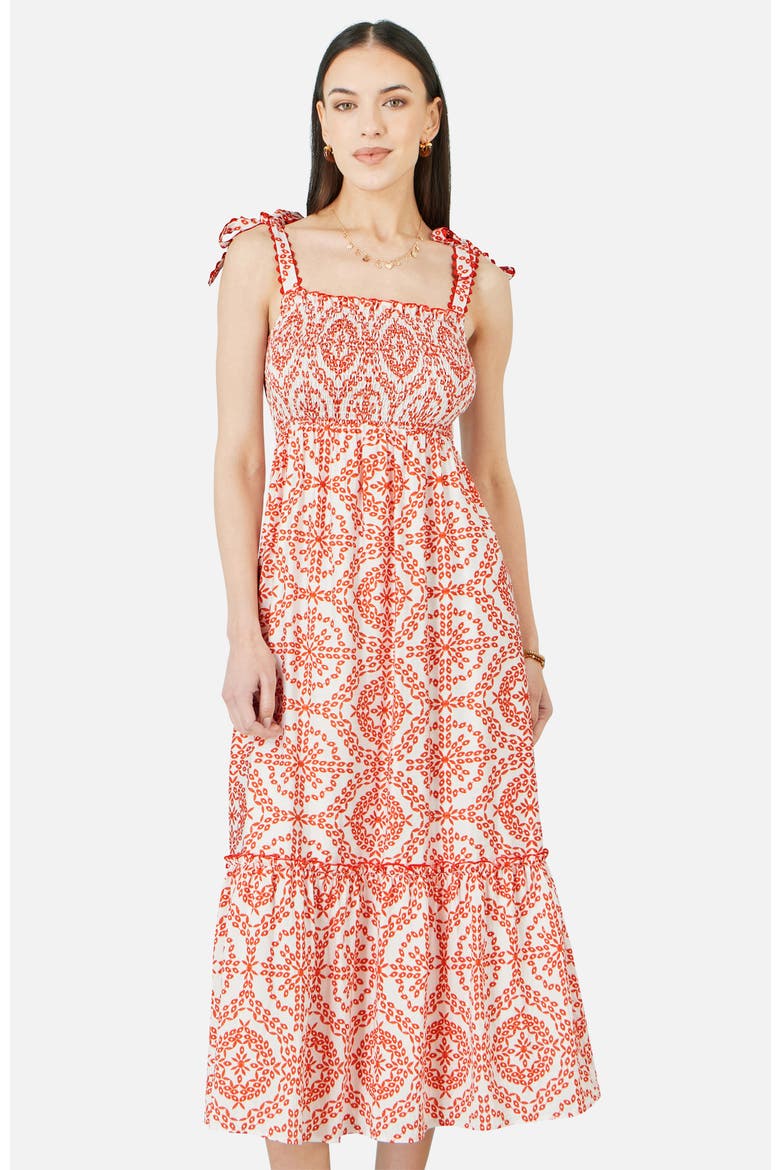 Ruched Tie Strap Midi Sun Dress, Alternate, color, Red