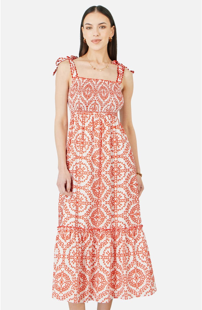 Yumi Ruched Tie Strap Midi Sun Dress, Alternate, color, Red