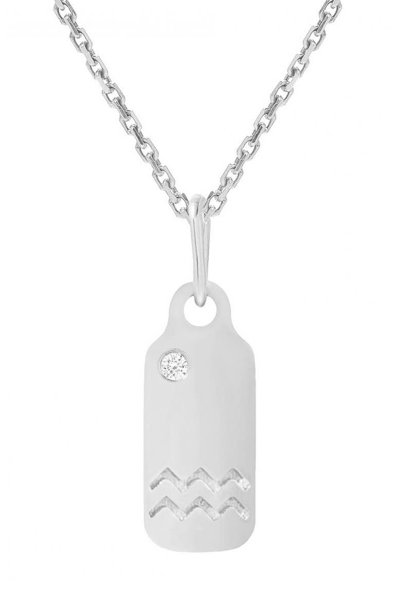 Diamond Accented Zodiac Sign Dog Tag Pendant Necklace, Main, color, WHITE GOLD-AQUARIUS