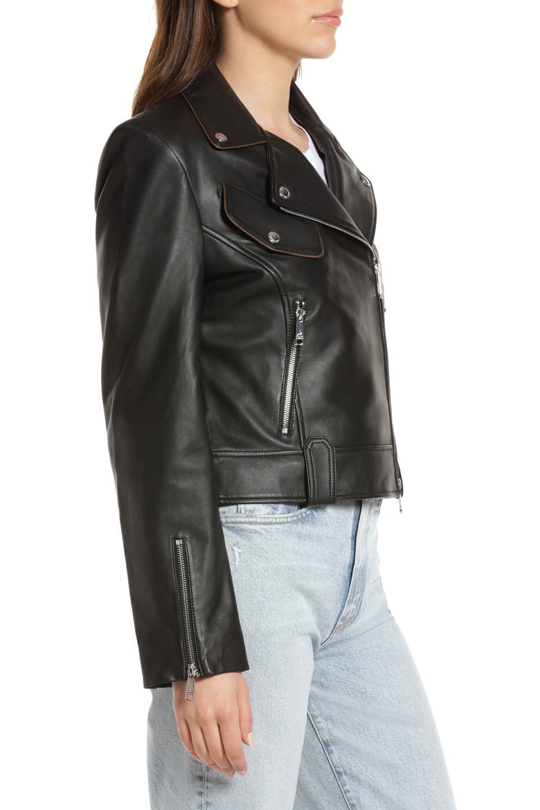 Piped Leather Moto Jacket, Alternate, color, BLACK