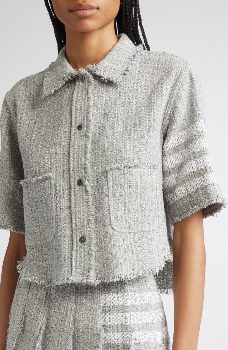 Thom Browne 4-Bar Short Sleeve Eyelash Tweed Crop Shirt Jacket, Alternate, color, Medium Grey