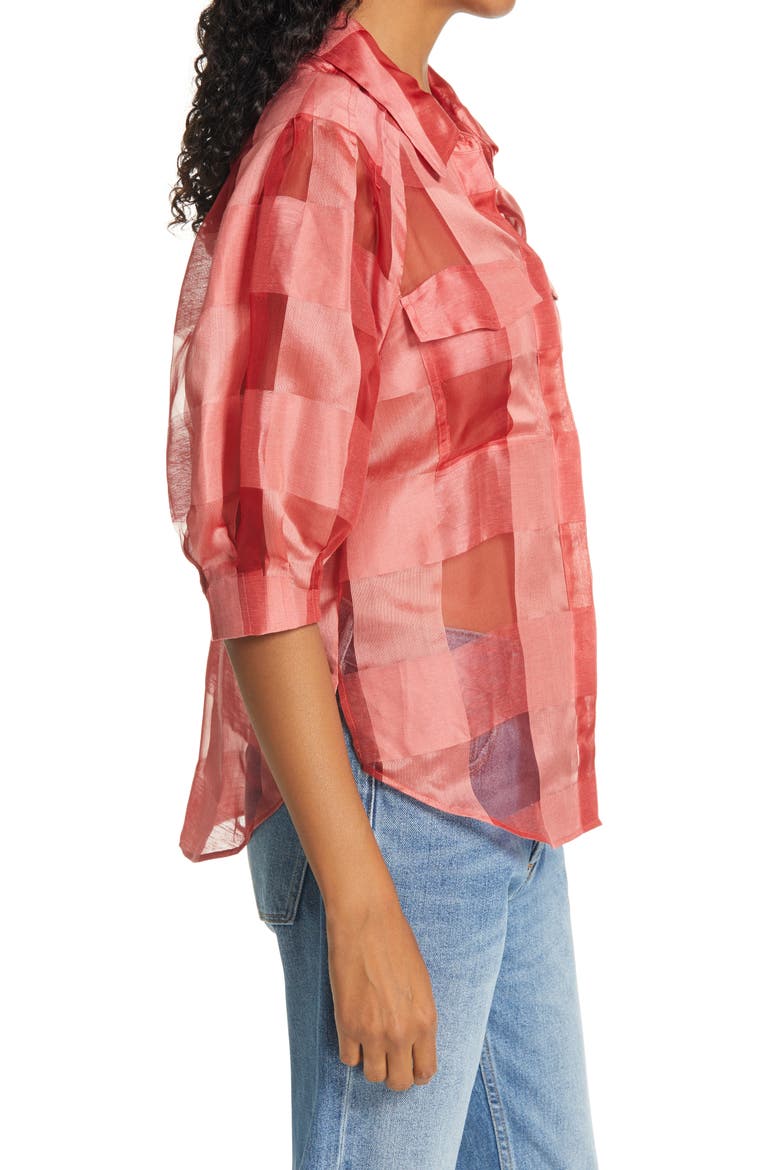 Check Silk & Linen Organza Shirt, Alternate, color, KISS