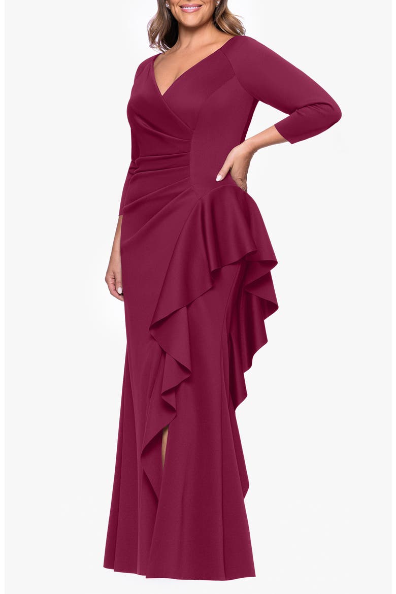 Ruched Scuba Knit Ruffle Gown, Alternate, color, WINE