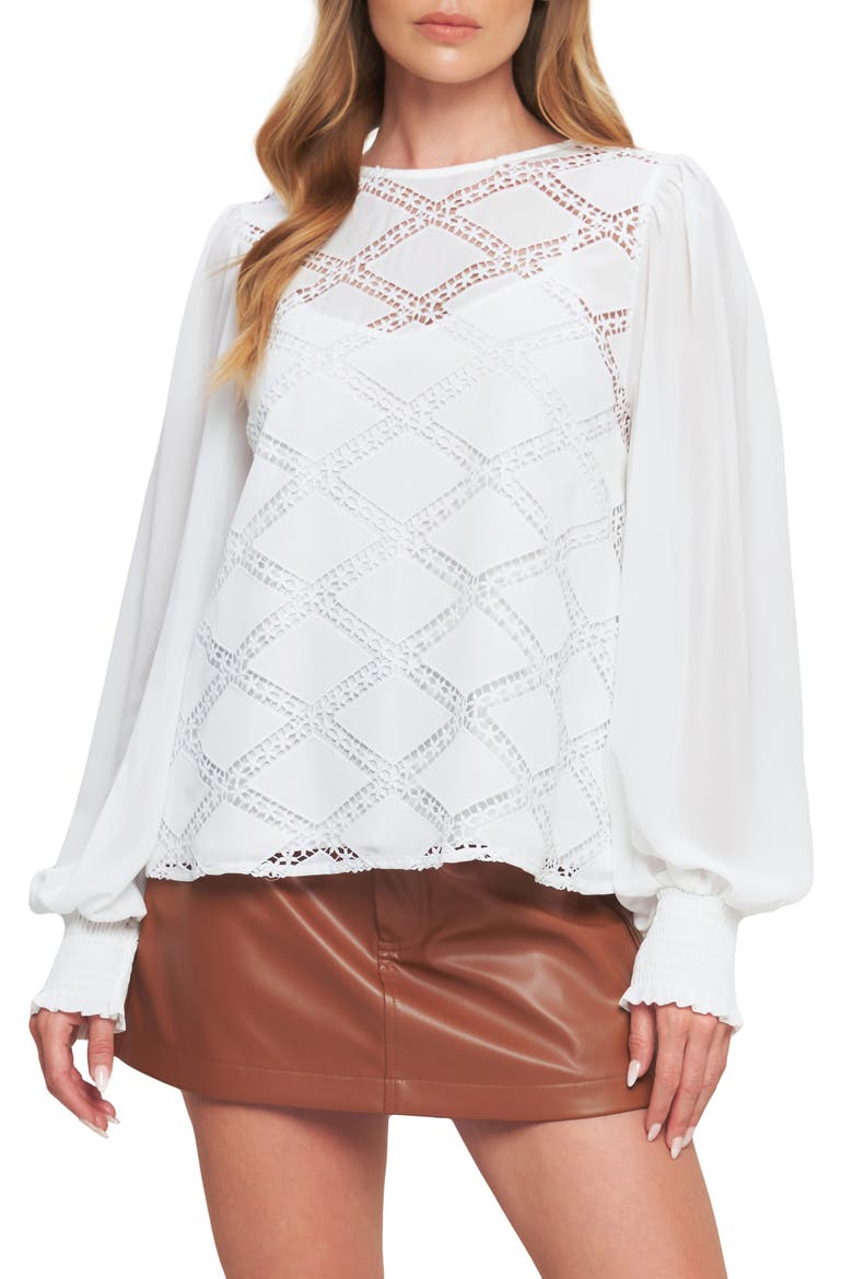 Long Sleeve Mixed Media Top, Main, color, WHITE