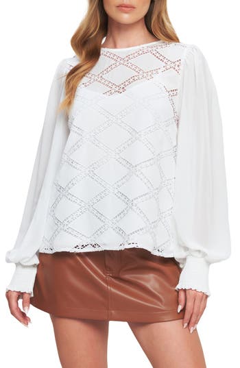Flying Tomato Long Sleeve Mixed Media Top In White