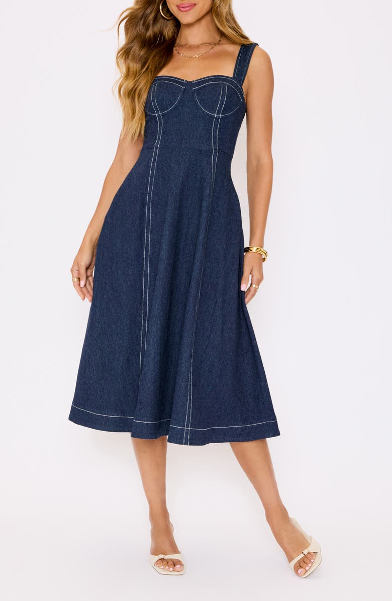 VICI Collection Rey Bustier Bodice Denim Midi Dress, Main, color, Dk Denim Blue