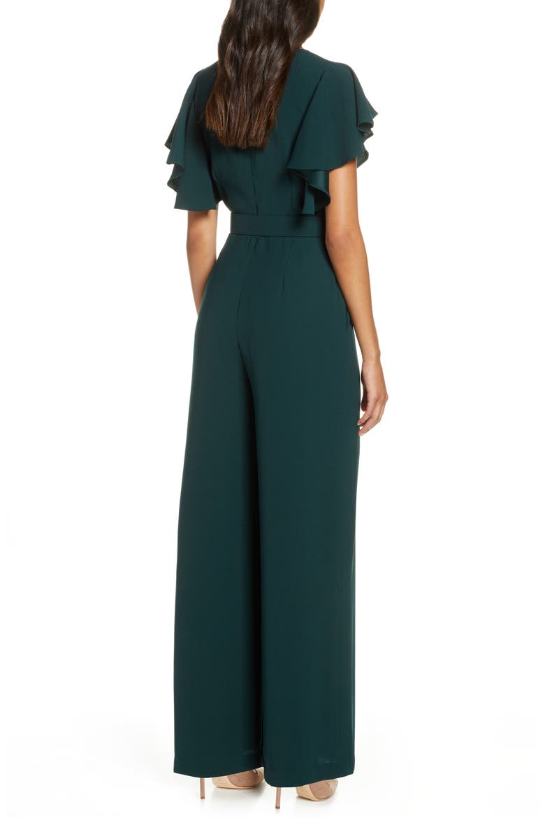 Flutter Sleeve Belted Satin Jumpsuit, Alternate, color, HUNTER