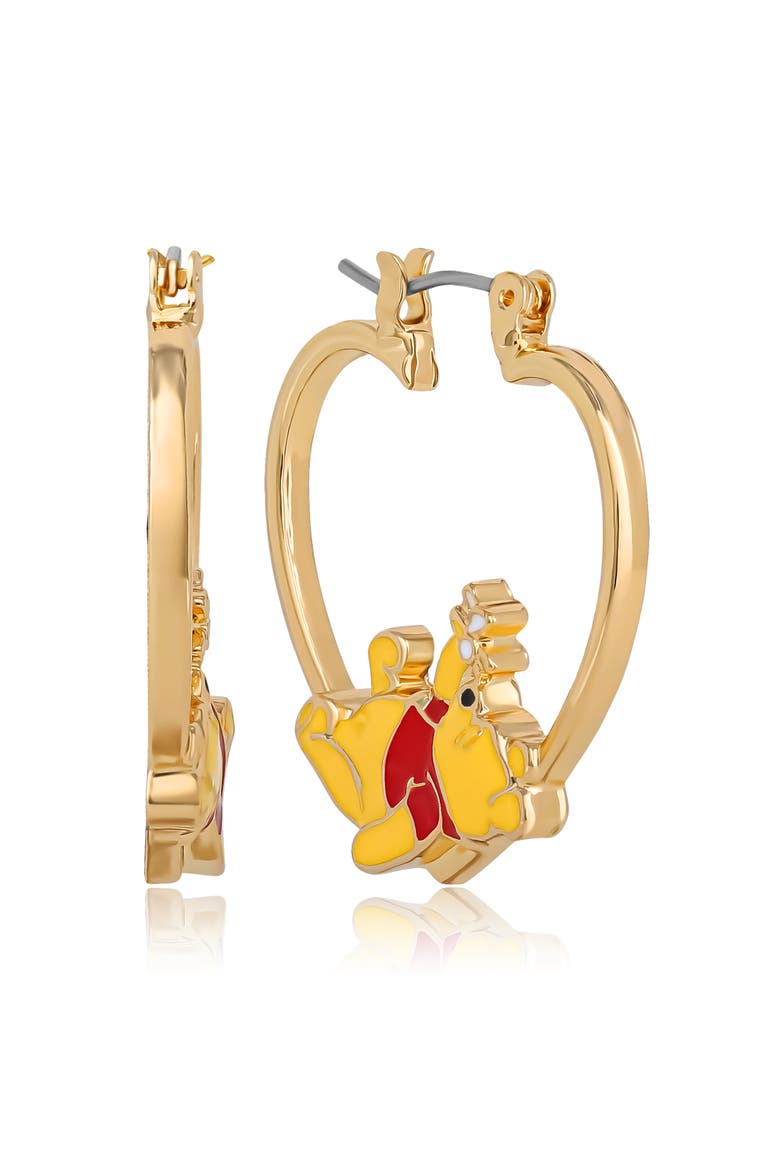 Winnie the Pooh Heart Hoop Earrings, Gold-Tone with Red Enamel, Alternate, color, Gold