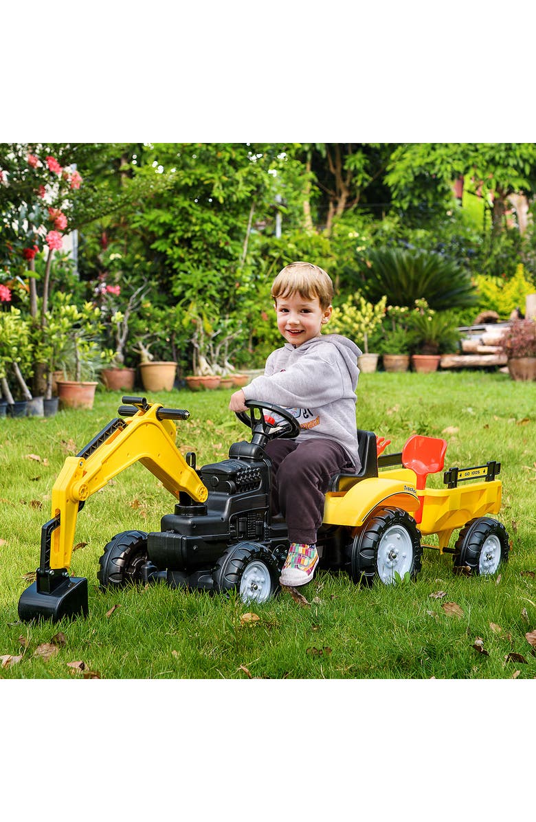 Aosom Kid's Pedal Digger Construction Car with Horn, Detachable Trailer, Alternate, color, Yellow