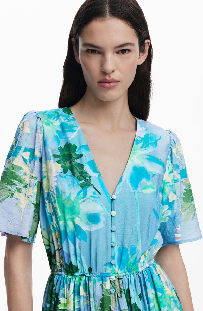 Desigual Floral Print Ruffle Hem Maxi Dress, Alternate, color, Water Green