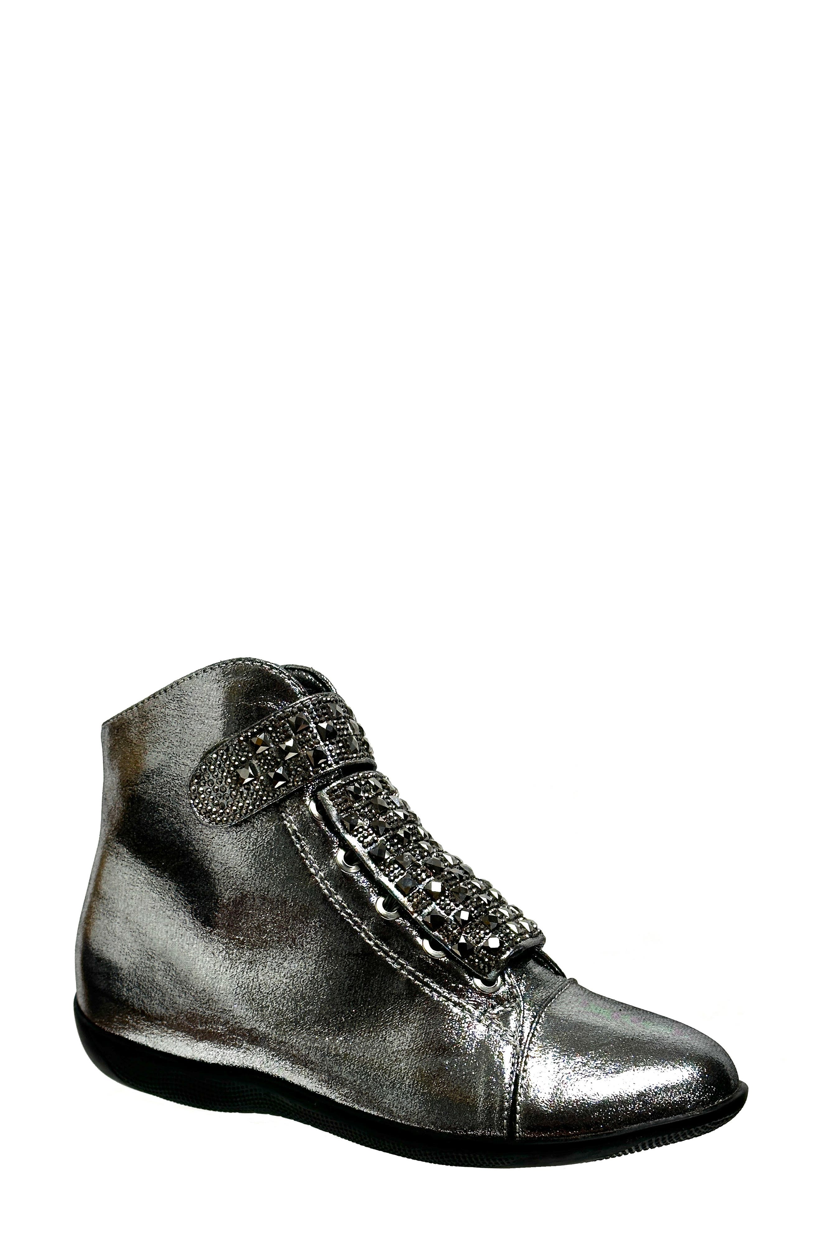 Rock Embellished Metallic Wedge Sneaker, Main, color, PEWTER