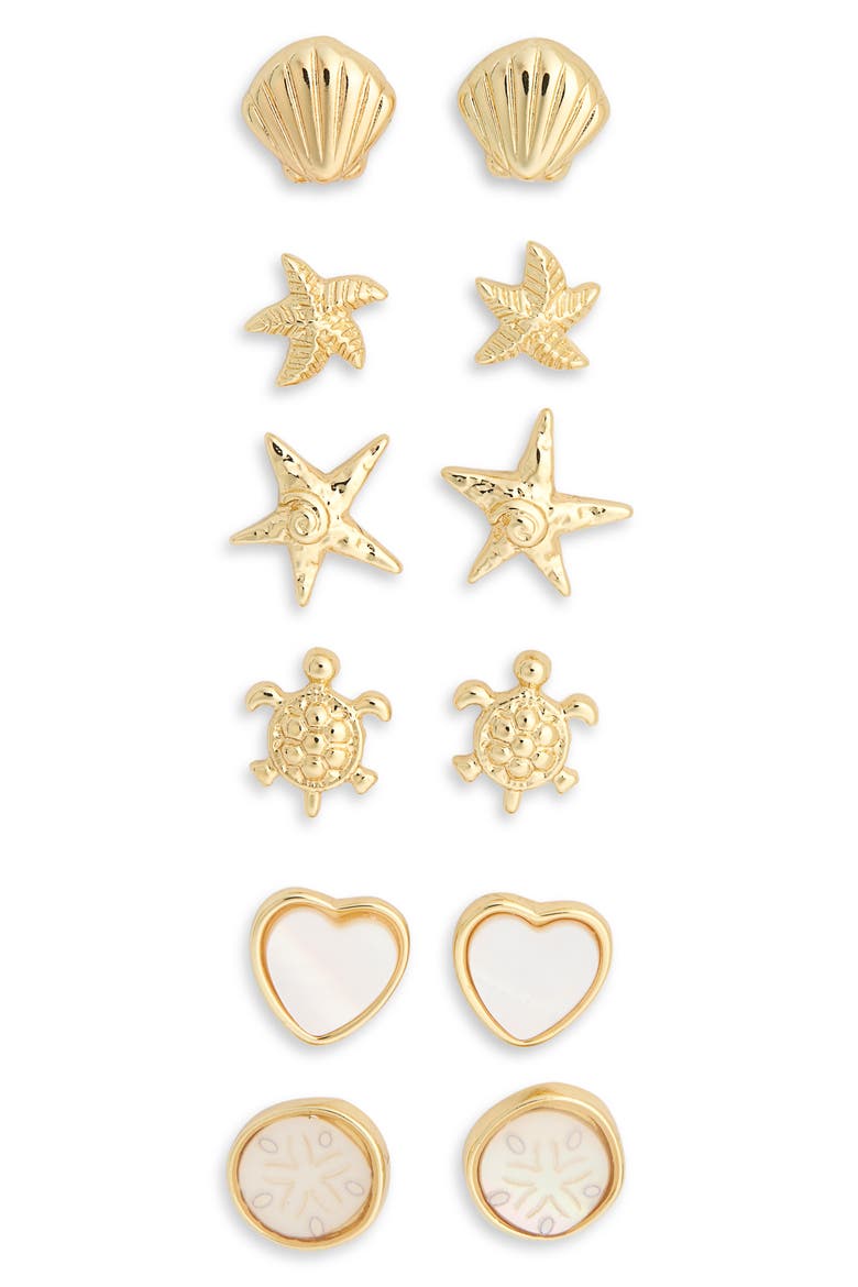 Seabreeze & Daydreams Set of 6 Sealife Stud Earrings, Alternate, color, WHITE MULTI- GOLD