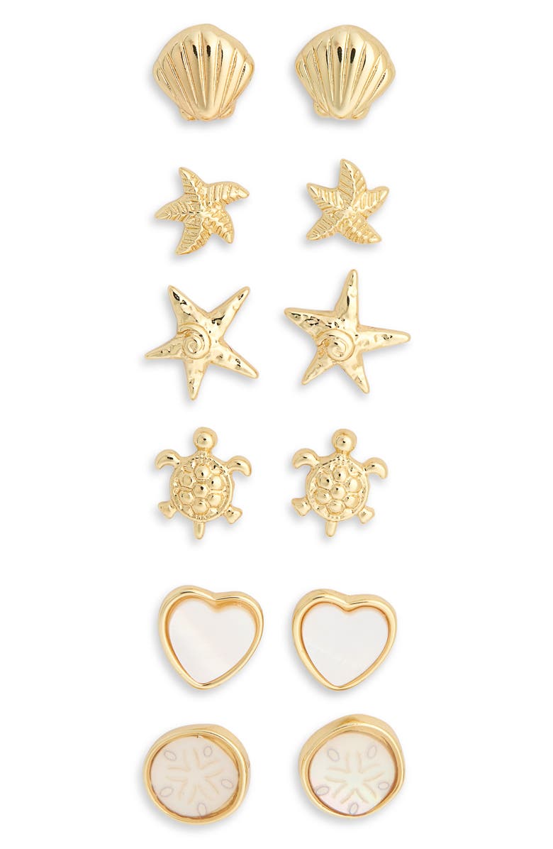 Leith Seabreeze & Daydreams Set of 6 Sealife Stud Earrings, Alternate, color, White Multi- Gold