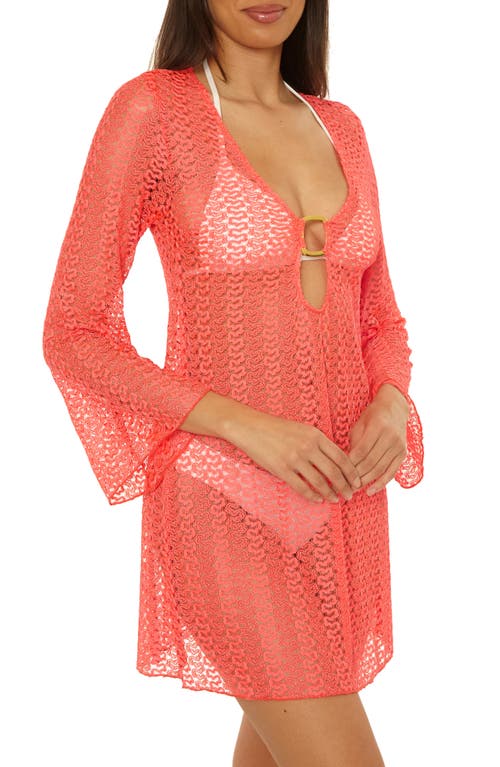 Bca By Rebecca Virtue Metallic Long Sleeve Sheer Cover-up Dress In Red