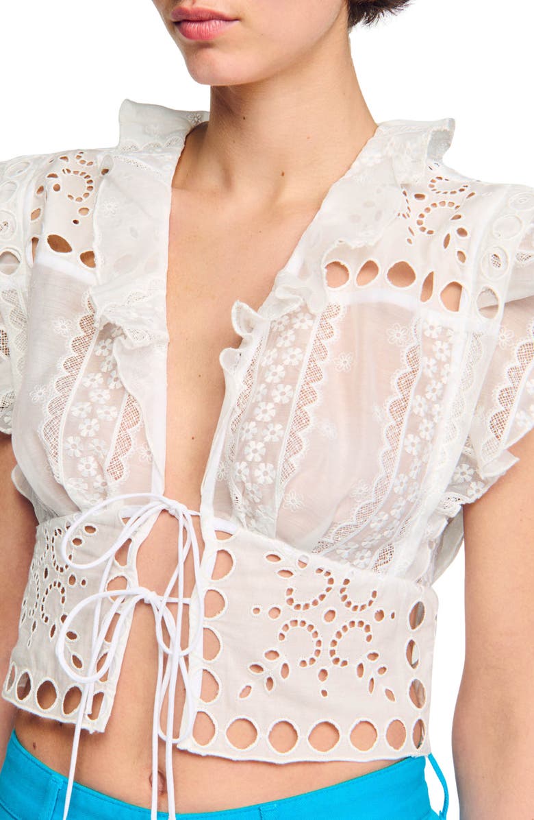 SANDRO Sahar Lace & Eyelet Basque Tie Front Crop Top, Alternate, color,