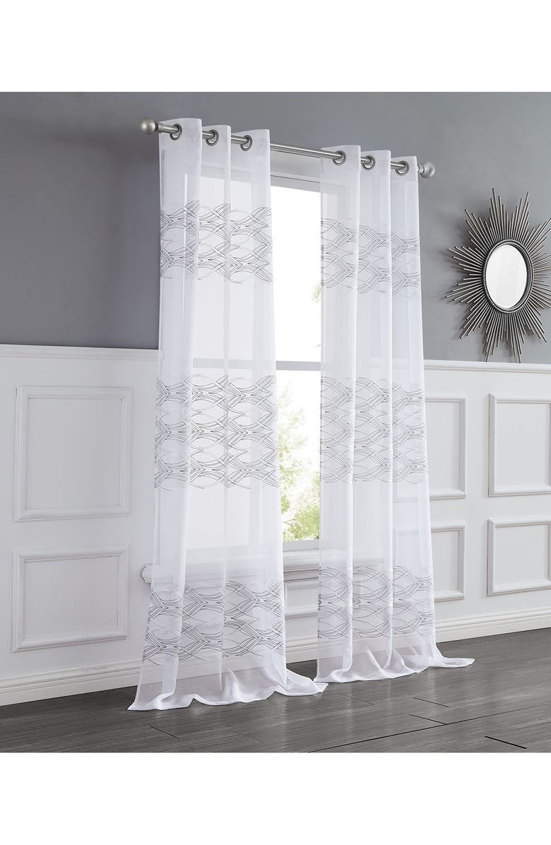 DAINTY HOME Set of 2 Print Sheer Curtain Panels, Main, color, Silver White