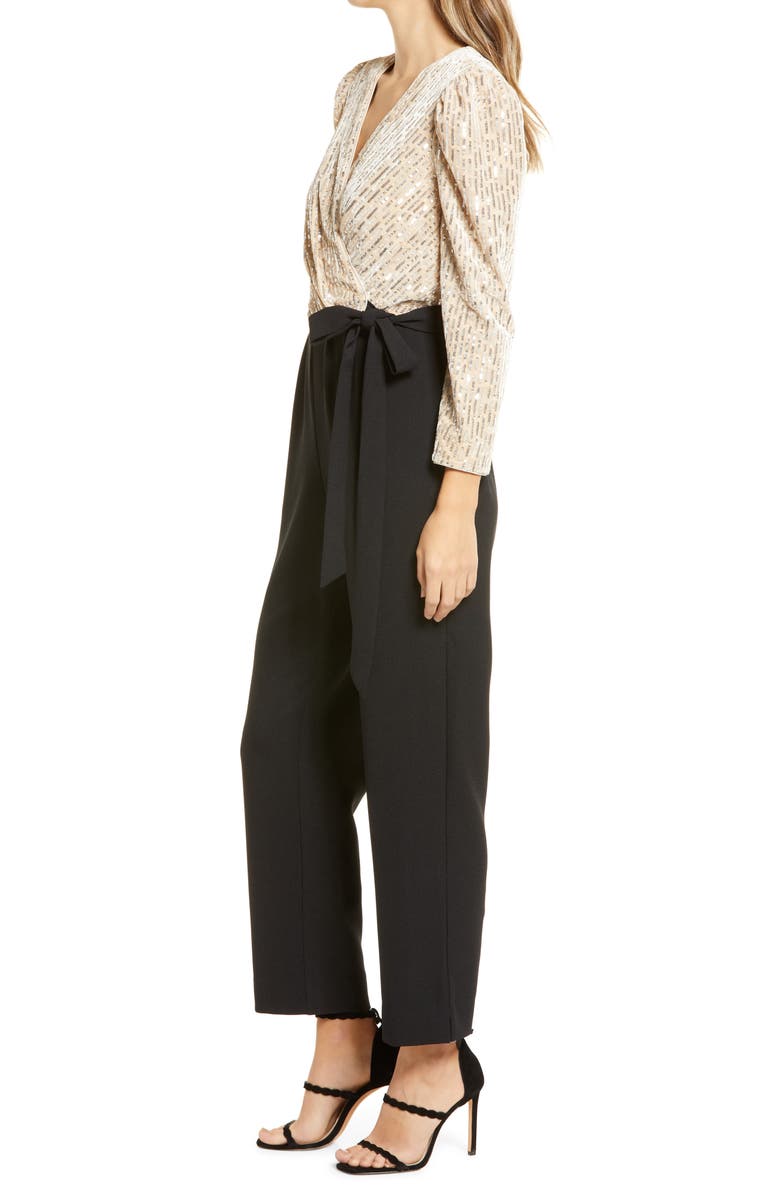 Julia Jordan Sequin Bodice Puff Three Quarter Sleeve Wrap Jumpsuit, Alternate, color, Ivory/Black