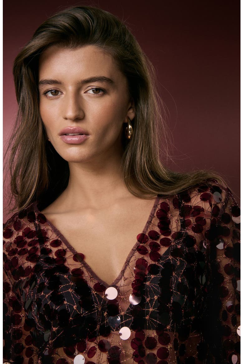 Sequin Sheer Mesh Top, Alternate, color, RED