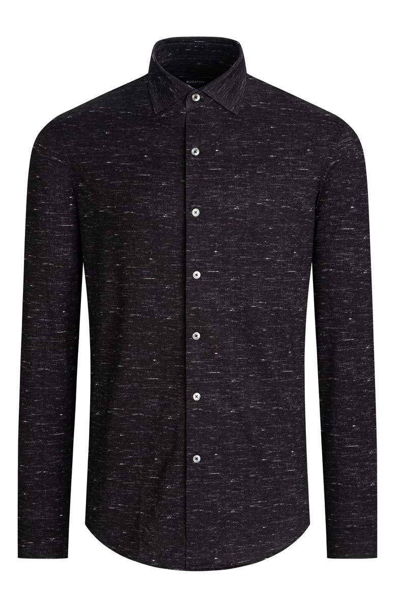 Bugatchi Tech Chambray Knit Stretch Cotton Button-Up Shirt, Main, color, 