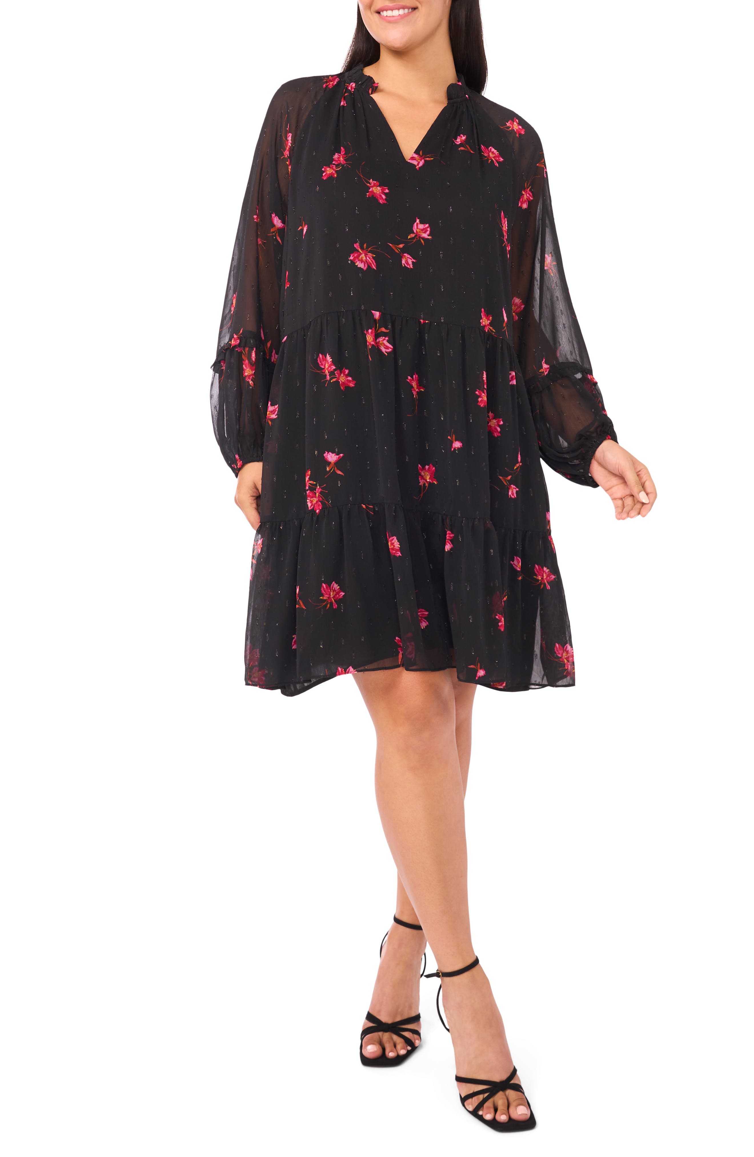 CeCe Metallic Fleck Floral Long Sleeve Babydoll Dress