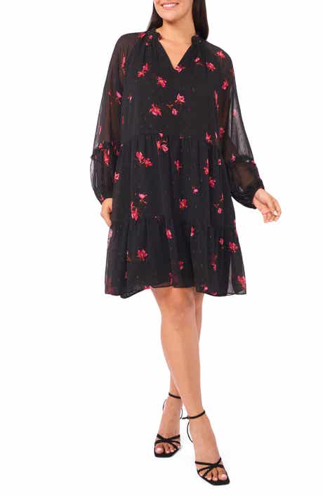 CeCe Metallic Fleck Floral Long Sleeve Babydoll Dress