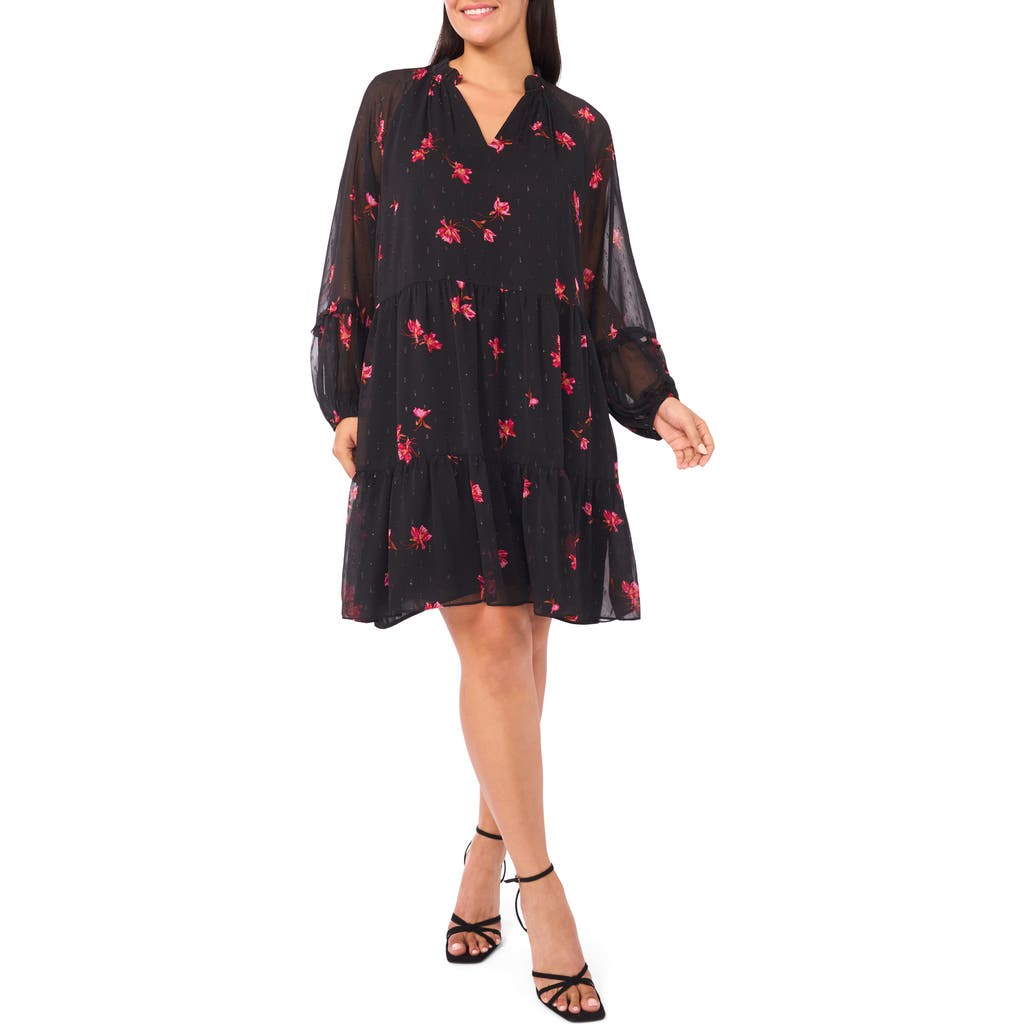 Cece Metallic Fleck Floral Long Sleeve Babydoll Dress In Animal Print