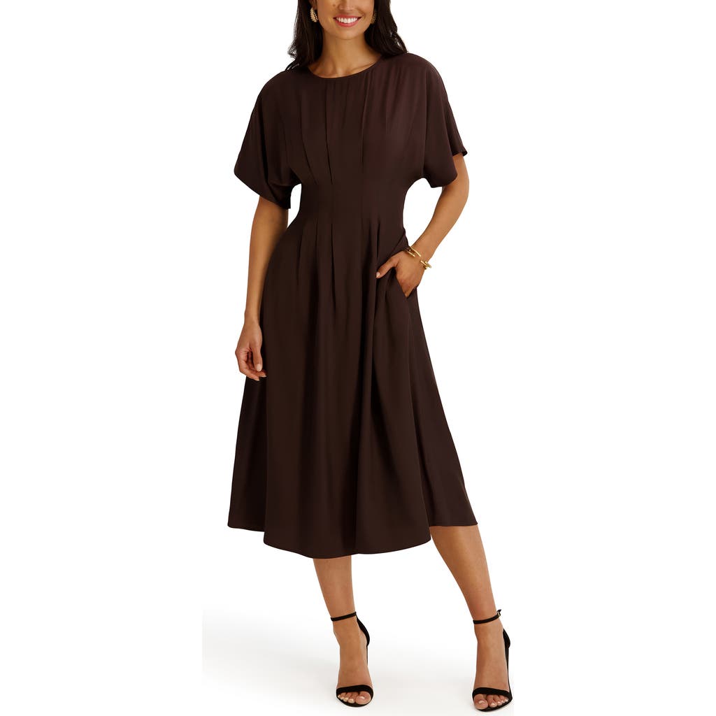 Kensie Short Sleeve Fit & Flare Midi Dress In Chocolate