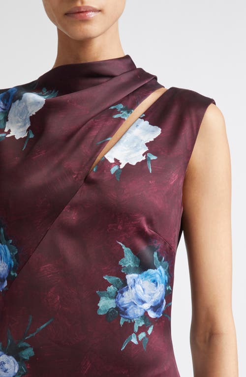 Erdem Abstract Rose Print Cutout Satin Gown In Brown